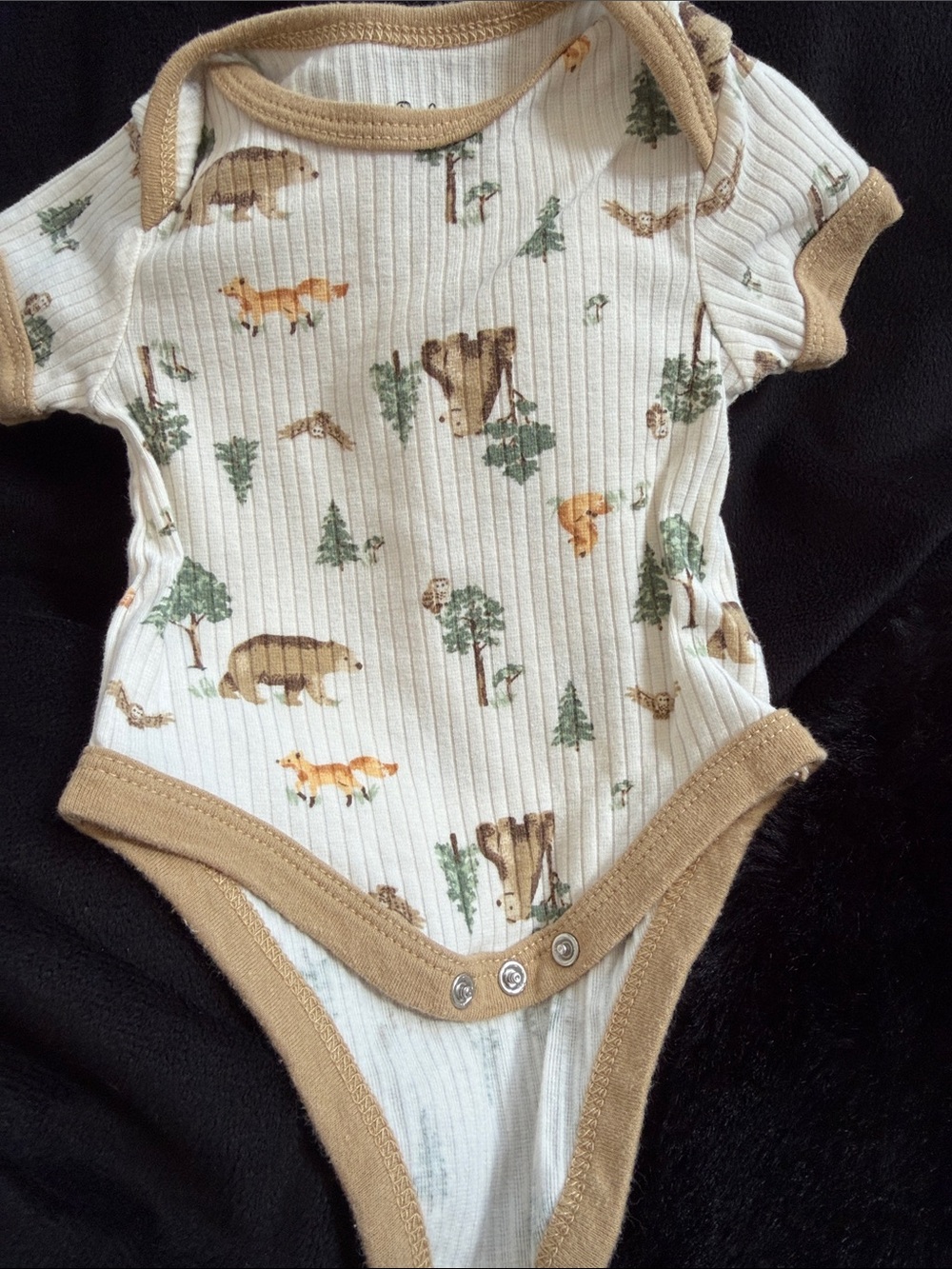 Baby Essentials Cream Ribbed One-Piece with Woodland Animal Print and Tan Trim